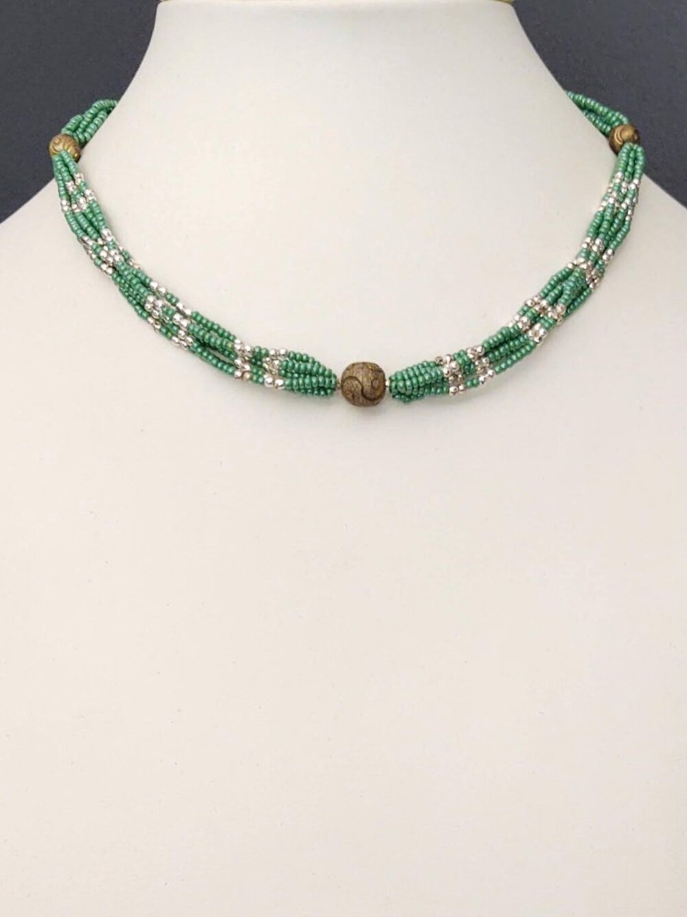 Vintage green and silver seed bead choker with matte gold beads